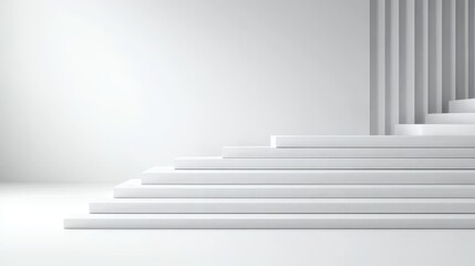 Minimalist white architectural staircase with vertical panel background and empty display steps