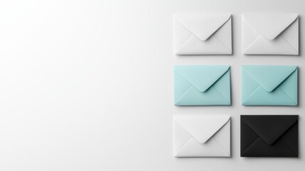 Six closed paper envelopes arranged in two columns on a plain white background with copy space