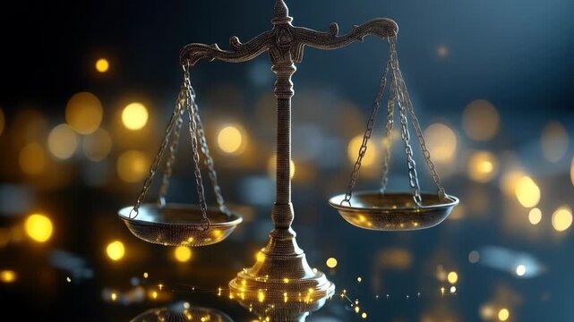 A golden, ornate balance scale set against a blurred background with bokeh lights