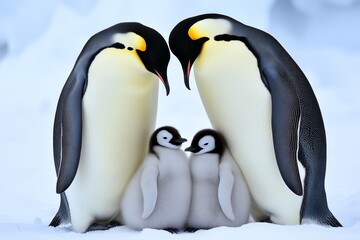 Adorable Family of Emperor Penguins Protecting Their Fluffy Baby Chicks from Harsh Antarctic Cold