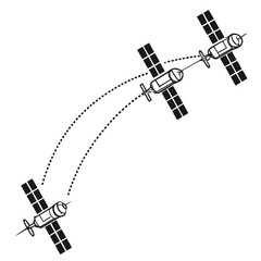 Fototapeta premium Illustration of three satellites in orbit with dotted lines showing their trajectories and connections in a clean vector graphic