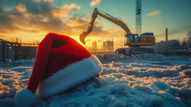 A red Santa‑Claus hat lies on the ground of a winter construction site, with a blurred background of cranes and an excavator in the rays of the setting sun.