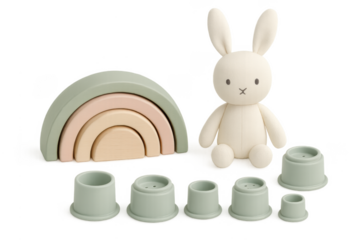 Woodland baby toys developing fine motor skills on transparent background