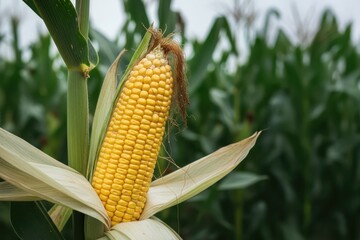 Close-up of a ripe yellow corn cob partially husked on the plant in a green cornfield, showing fresh kernels and natural texture.