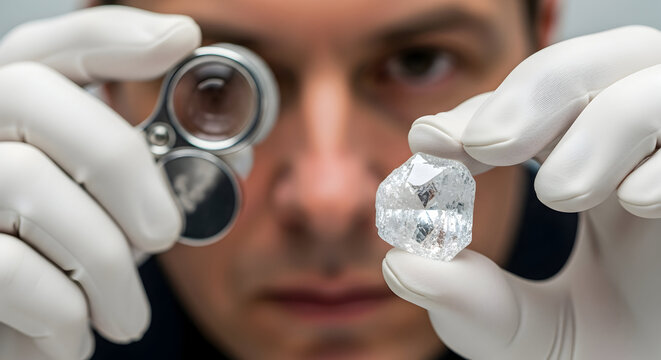 A professional jeweler carefully inspects a large, uncut diamond with a magnifying glass, ensuring its quality and authenticity for potential investment.
