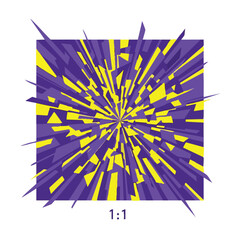 A vibrant abstract graphic showcasing a dynamic burst of sharp, geometric purple and yellow fragments radiating outward, creating an energetic visual effect.