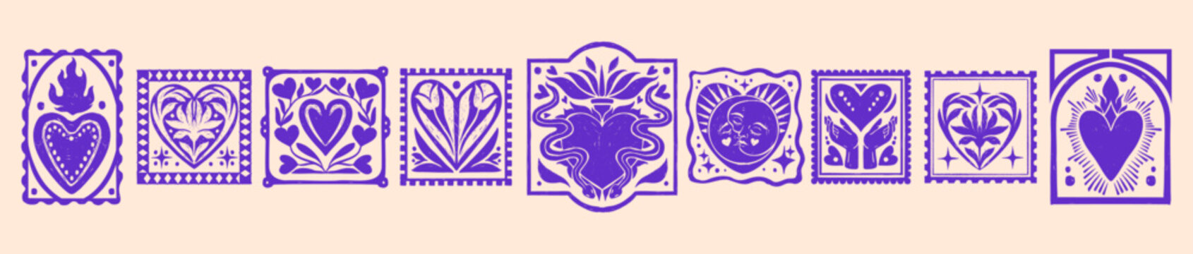 Valentine love print, sacred heart holiday illustration, hand drawn postal romantic graphic stamps. Abstract February festive symbol Mexican spiritual shape. Valentine love decoration ornamental frame