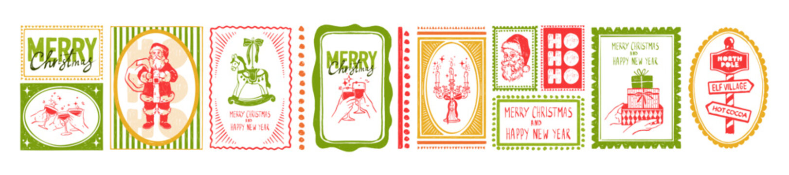 Merry Christmas doodle stamp set, New Year hand drawn retro postmark print, winter holiday design. Festive vintage postcards, party invitation postal celebration decor. Christmas greeting stamp kit
