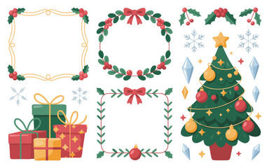 Merry Christmas greeting card illustration: winter holiday design with decoration, vector snowflake, star, and gift under a beautiful Christmas tree