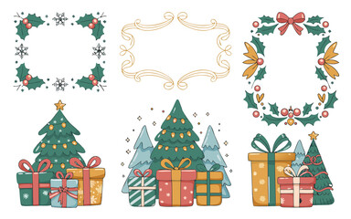 Fototapeta premium Merry Christmas greeting card illustration: winter holiday design with decoration, vector snowflake, star, and gift under a beautiful Christmas tree