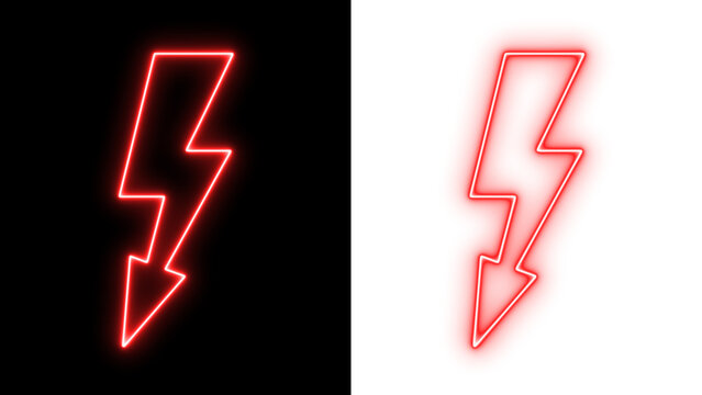 Neon red lightning bolt silhouette glowing on black and white backgrounds, bold electric energy symbol