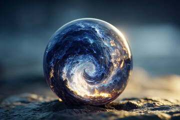 glass sphere containing a swirling miniature storm placed in a dim room creating dramatic mysterious energy