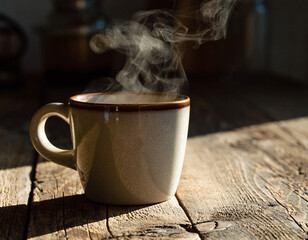 Steaming mug on rustic wood, bathed in sunlight. Evokes warmth, comfort, and simple pleasures. Perfect for illustrating mornings, relaxation, or coffee culture.