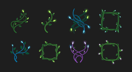 Enchanting botanical elements and decorative frames bursting with vibrant foliage and glowing buds, perfect for whimsical designs