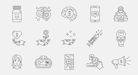 Modern technology and business concepts symbolized by diverse icons representing innovation, health, finance, and communication for digital projects