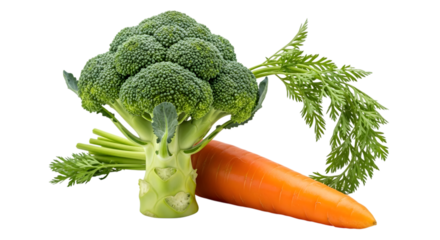 Fresh green broccoli head and orange carrot with leafy green tops isolated on a transparent background 1