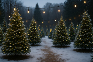 Snowy christmas tree market glowing with festive lights
