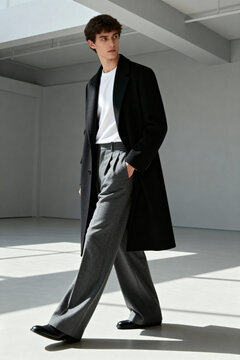 A young stylish man in a black overcoat, white t-shirt, and wide grey trousers walks in a minimalist interior. Modern urban male fashion look.