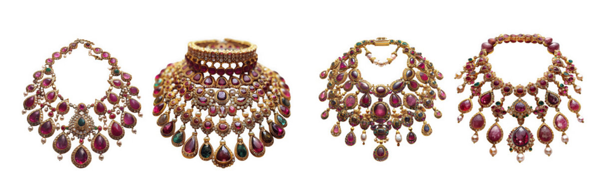 Four ornate antique gold necklaces with red gemstones, showcasing intricate craftsmanship, isolated on transparent background