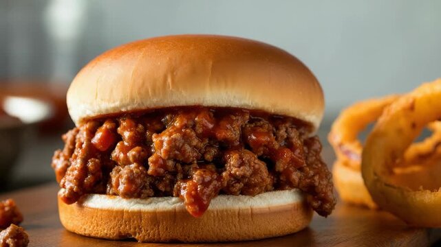 Juicy sloppy joe burger with sauce and onions