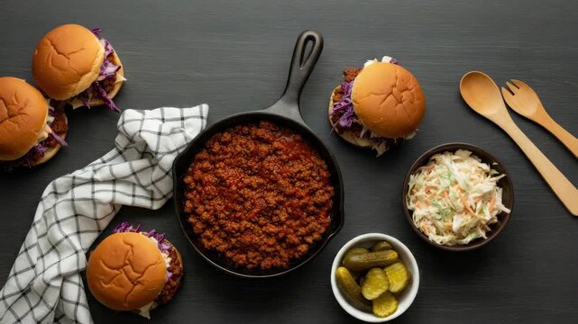 Sloppy Joe sandwiches with ground meat, served coleslaw and pickles