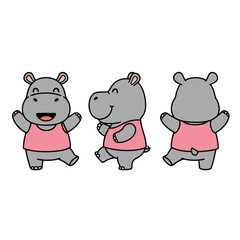 Cheerful Gray Hippopotamus Character in Pink Shirt Vector Illustration in Three Views for Kids and Fun