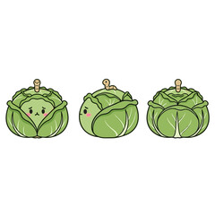 Naklejka premium Cute cartoon cabbage character with a caterpillar on top, green vegetable vector illustration in three views (front, side, back) for garden and food concepts.