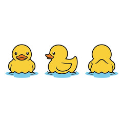 Cute cartoon rubber duck floating on water, yellow bath toy character vector illustration in three views (front, side, back) for childhood and relaxation themes.