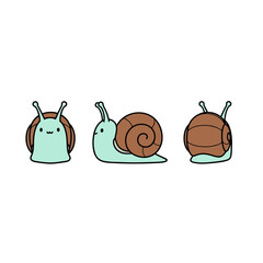 Cute cartoon snail with a spiral shell, slow-moving garden animal character vector illustration in three views (front, side, back) for nature and garden themes. © cheng