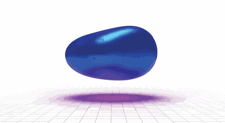 A polished, deep blue, amorphous shape levitates above a subtle grid pattern, projecting a vibrant purple glow onto the clean, white surface.