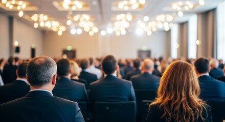 Audience at a conference listening attentively with chandeliers providing light in the room space area