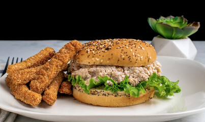 chicken salad  sandwich with chicken fries