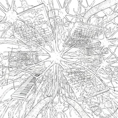 Monochrome illustration shows keyboards intertwined with a neural network, symbolizing the deep connection between human thought, creativity, and digital expression.