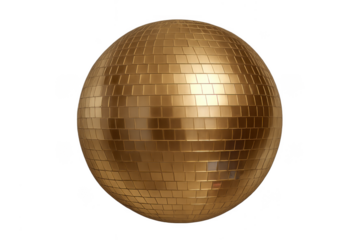 Golden disco ball reflecting light on transparent background