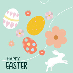 Easter Greeting Card with Colorful Eggs and Bunny. Perfect for greeting cards, holiday designs, posters, and seasonal decorations. Vector Illustration