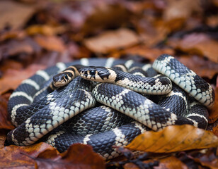 Obraz premium Two snakes intertwined in autumn foliage, capturing natures beauty and raw power. Evokes themes of transformation, resilience, and hidden danger. Great for conservation or wildlife.