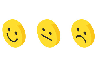Isometric yellow emoji faces showing happy neutral and sad emotions for customer feedback rating