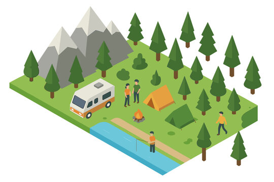 Summer vacation camping and fishing in a natural park landscape with mountains and trees