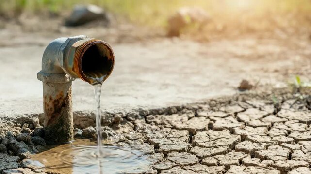 Water flowing from pipe onto dry, cracked ground, symbolizing drought and scarcity