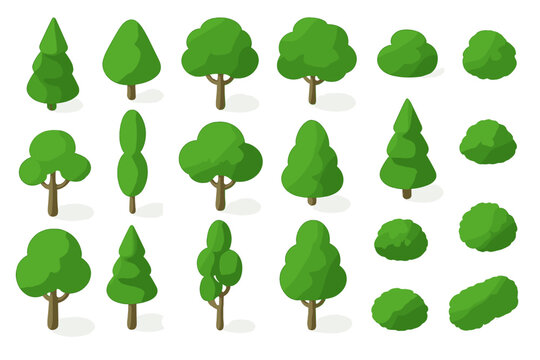 Stylized green trees and bushes set in isometric view for landscape design elements