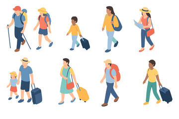 Fototapeta premium Diverse tourists and travelers walking with bags and rolling luggage in isometric view