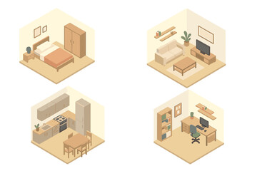 Isometric set of four interior rooms: bedroom, living room, kitchen, and home layout