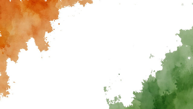 Watercolor abstract background with orange and green paint splashes and white copy space. india, flag, national, republic, independence, png, patriotic, celebration, festival, tricolor, day,