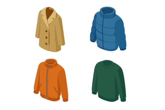 Isometric set of warm winter and autumn apparel: coats, jackets, and sweaters