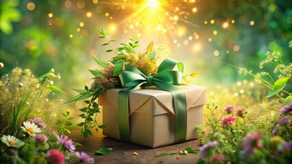 A magically adorned gift box, nestled amongst vibrant wildflowers, bathed in warm sunlight, symbolizing the enchantment of nature's bounty and the joy of unexpected surprises.