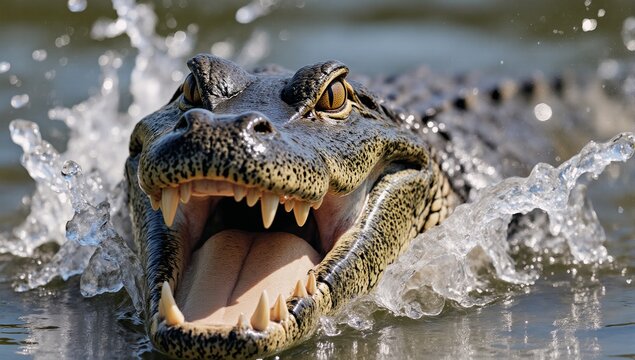 Alligators head emerges from water mouth open with visible teeth and direct gaze at camera - Powered by Adobe