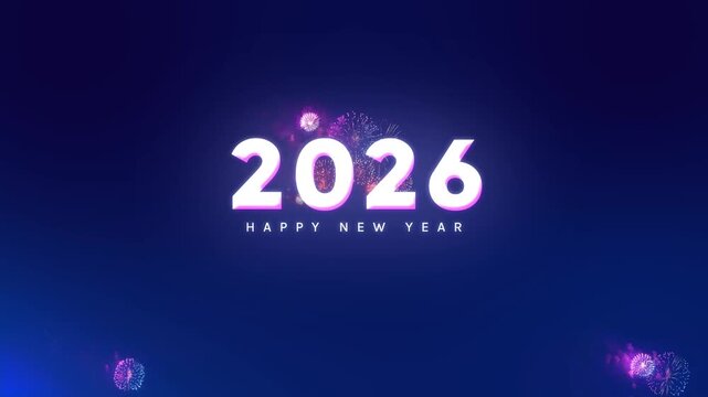 2026 Happy New Year text shine light animation Celebration. Beautiful glow bokeh firework cinematic festive title abstract background. New year title intro festival New Years greeting firework