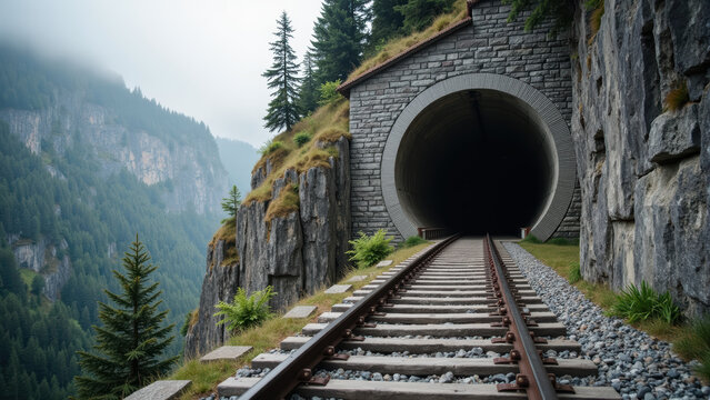 Scenic railway tunnel surrounded by mountains and trees, showcasing tranquil atmosphere and natural beauty