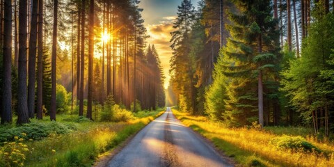 Fototapeta premium Golden Hour Pathway Through a Sunlit Forest, Trees Casting Long Shadows on a Winding Road