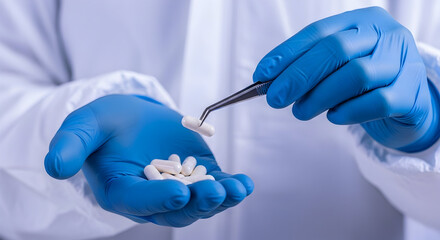A medical professional in sterile gloves meticulously examines medication, ensuring quality and safety for patient care and pharmaceutical advancements.
